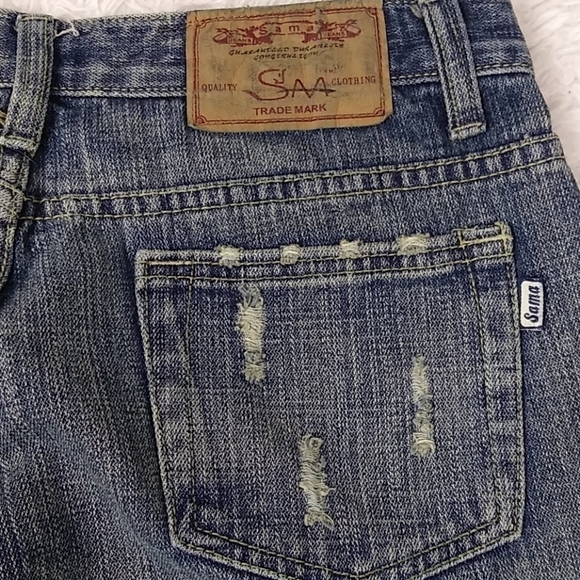 Sama Jean Blue Whiskering Medium Wash Mid Rise Distressed Wide Leg Denim Jean - Picture 14 of 16